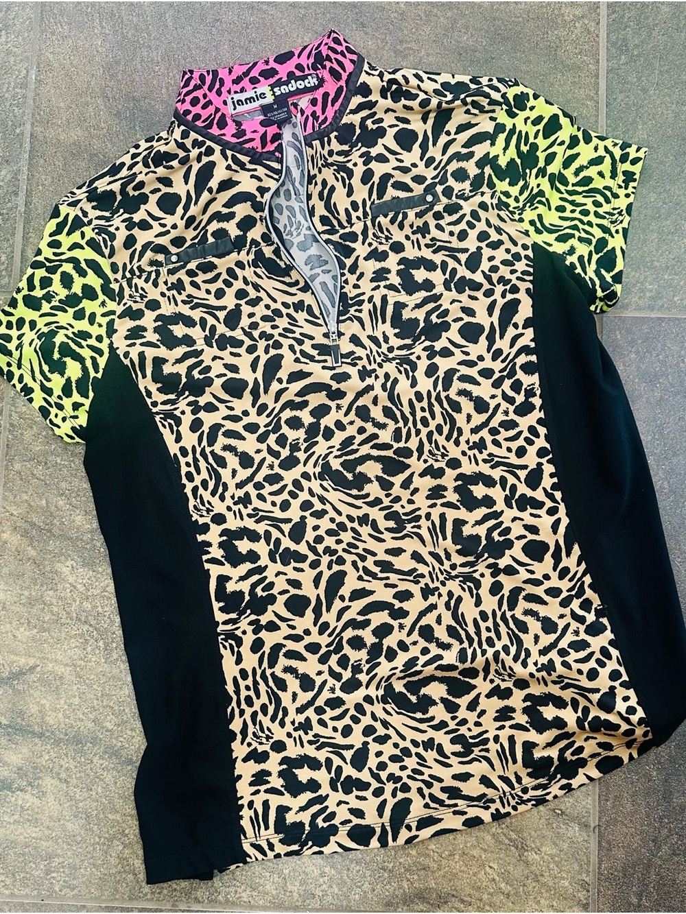 jamie sadock Leopard Print Golf Polo with Neon Pink & Green Accents